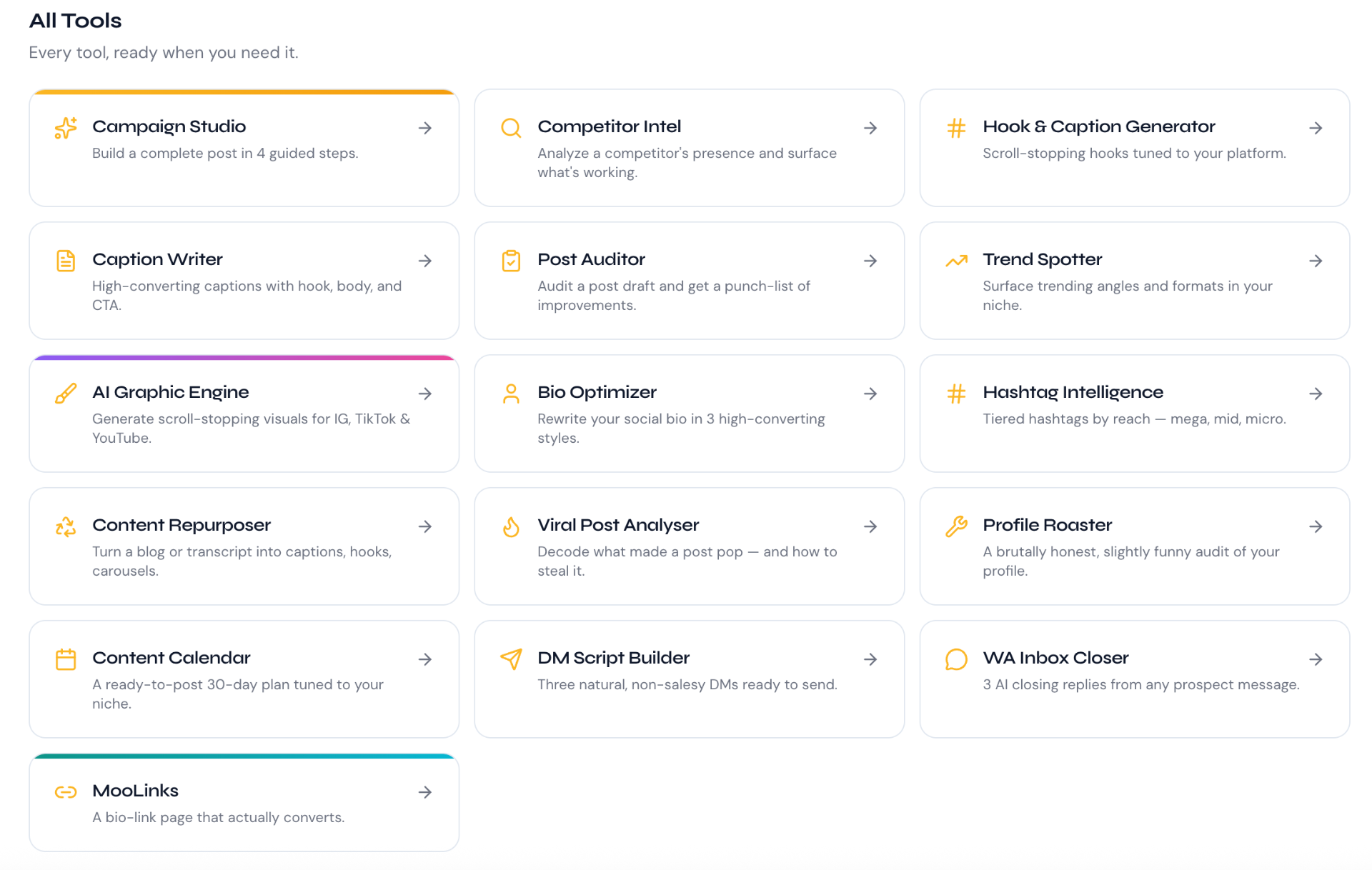 StalkMoo All Tools dashboard showing 12 AI tools