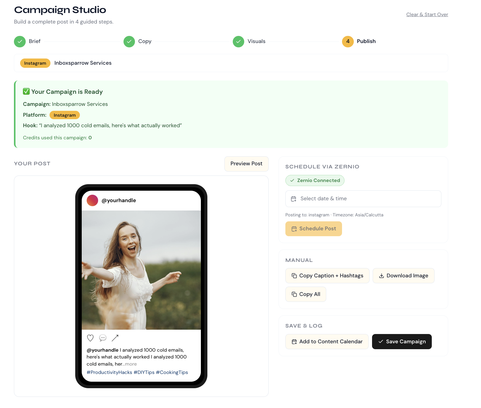 Campaign Studio publish step with post preview
