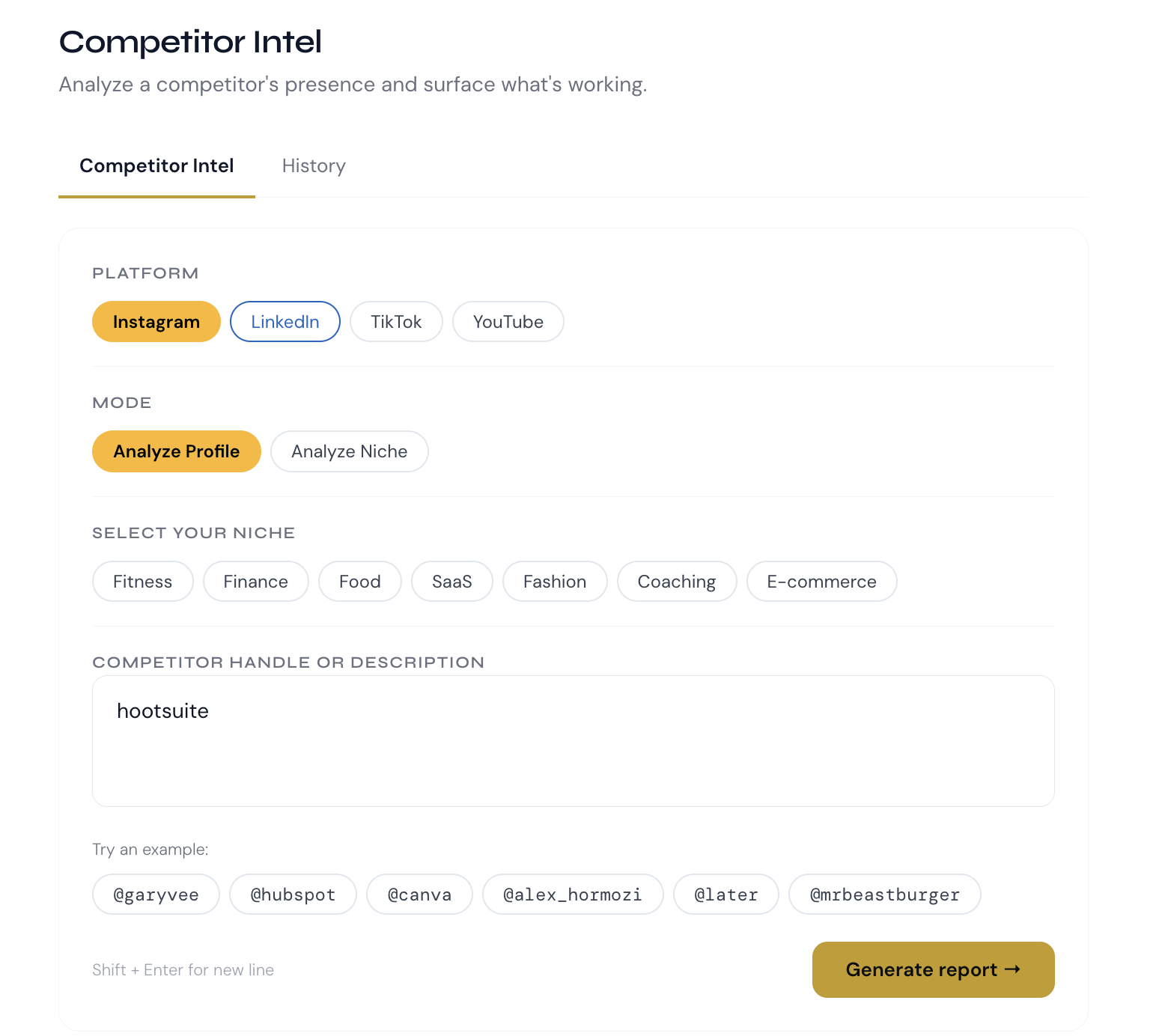 Competitor Intel tool analysing a competitor profile