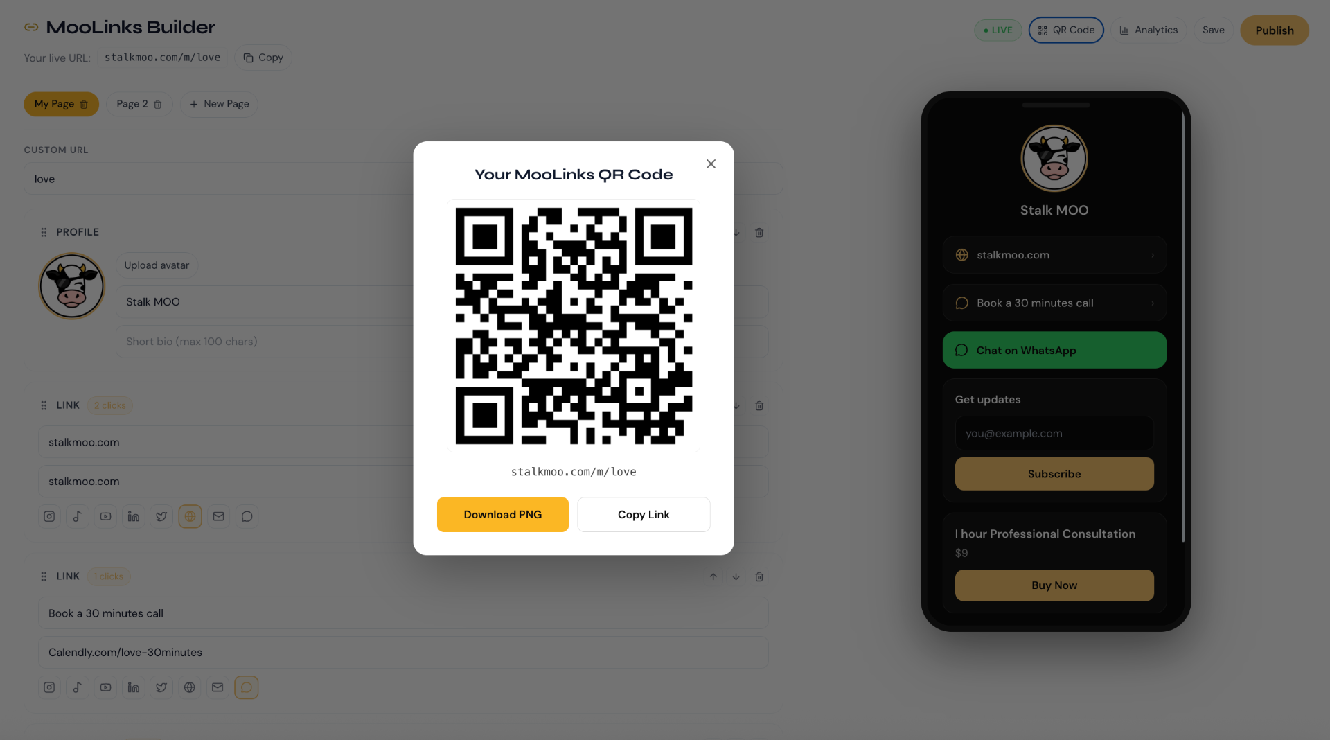 MooLinks Builder with QR code and live phone preview